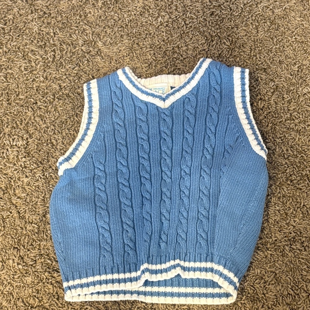 The Children's Place Blue Cable Knit Sweater Vest with White Trim
